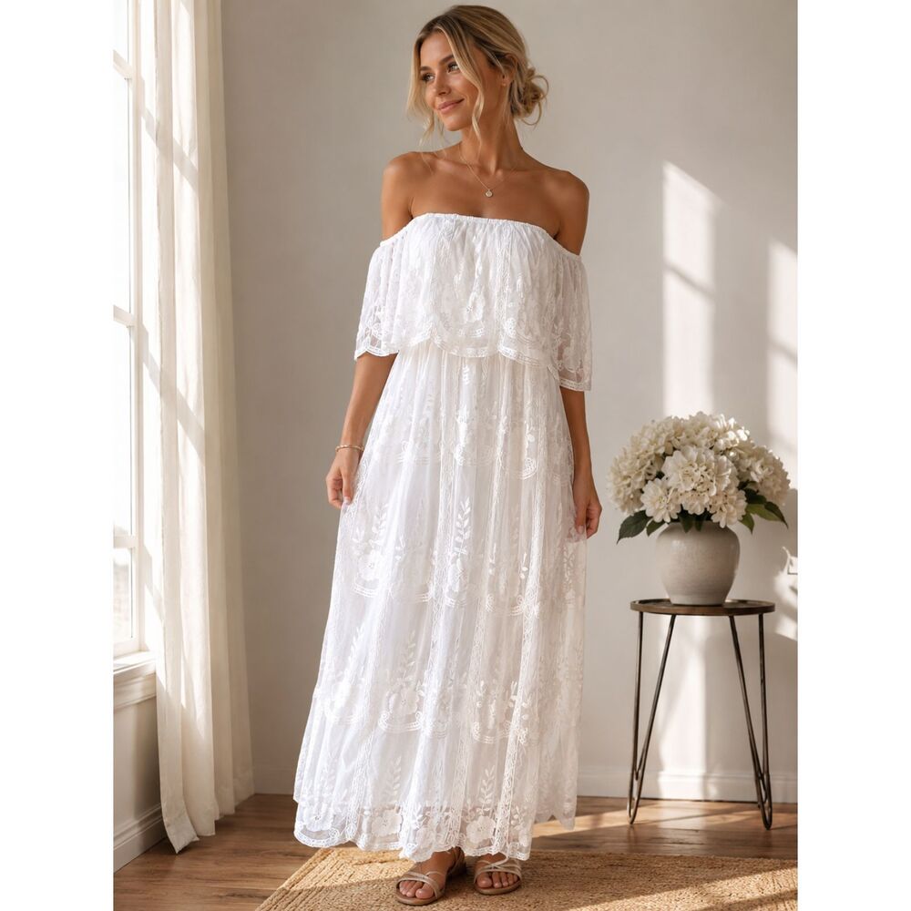 Boho Woodland Fairy White Lace Off Shoulder Maxi Wedding Dress 4